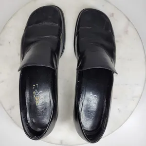 Franco Sarto Bocca Leather Block Heel Loafers 8.5 Black Square Toe Y2K Office thumbnail 8