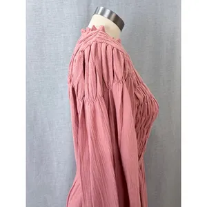 BALILN Dusty Pink Linen Maxi Dress Smocked Long Puff Sleeve Tiered Boho XL thumbnail 7