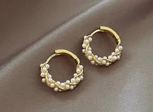 18K Gold Plated White Pearl Hoop Earrings for Women thumbnail 1