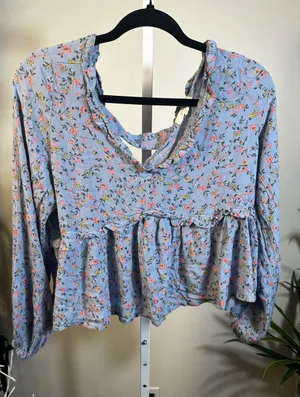 B29. Sim and Sam- Light Blue Floral Peasant Blouse - Women Tops thumbnail 1