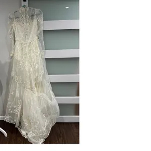 Vintage 80s‎ Victorian Revival Wedding Dress Ivory High Neck Sheer Lace Illusion thumbnail 7