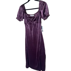 All in Favor Puff Sleeve Crushed Velvet Dress - Plum Size M thumbnail 4