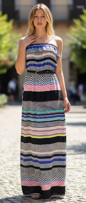 TRIXXI Maxi Dress Large w/ Belt Tube Top Y2K Artsy Patchwork Ruffle Blouson thumbnail 1
