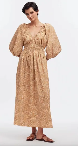Madewell V Neck Balloon Sleeve Maxi Dress Spiral Dot Tan Smocked Boho US 00 NWT thumbnail 1