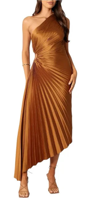 Dress Forum One Shoulder Pleated Asymmetrical Satin Midi Dress SMALL in Copper thumbnail 1