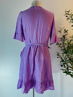 Gap Linen Purple and pink Striped Wrap Dress with Ruffle Hem thumbnail 4