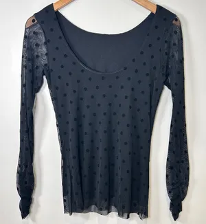 Vintage 90’s Y2K Goth Black Polka Dot Mesh Top With Sheer Ruched Long Sleeves S thumbnail 1
