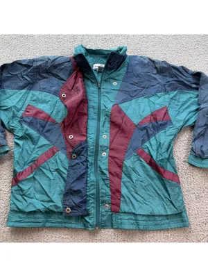 Vintage Early 90s Abstract Colorblock Windbreaker Jacket Teal Purple Boxy Large thumbnail 6