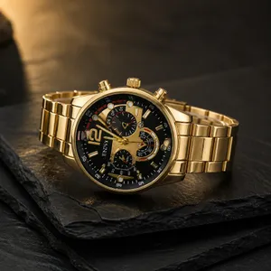 Geneva Men’s Gold Luxury Wrist Watch Round Dial 3 Time Zone Quartz NWT thumbnail 4