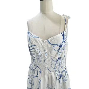 Gap Linen-Blend Smocked Corset Midi Dress Blue & White Floral Size Medium thumbnail 8