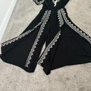Lulus Black Jumpsuit with Off White Embroidery and Tassel thumbnail 6