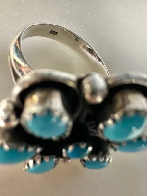 Turquoise Cluster Flower Sterling Silver Ring Size 8 Multi Stone 7 Stone thumbnail 4
