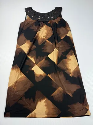 Dana Buchman‎ Dress Brown Black Geometric Beaded Neck Sleeveless S thumbnail 1