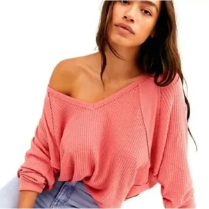 Free People Santa Clara Thermal‎ Oversized Shirt Coral Pink Orange Medium thumbnail 1