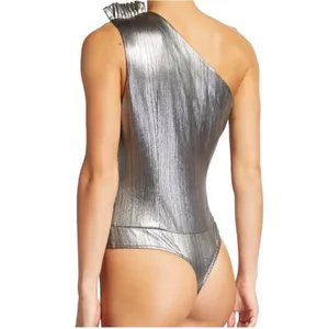 Retrofête Cassie‎ Lamé One-Shoulder Bodysuit Gunmetal Size S thumbnail 3