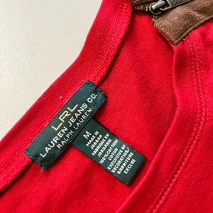 Ralph Lauren Red 100% Cotton Long Sleeve Leather Elbow Patch Top Size Medium thumbnail 7