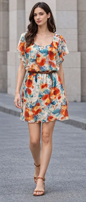AUW FLoral Chiffon Blouson Dress Large Braided Narrow Belt thumbnail 1