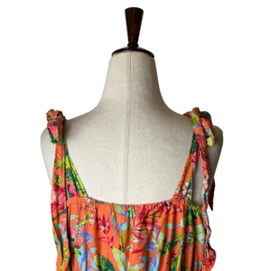 Lands' End Dress Women‎ Medium Orange Tropical Floral Smocked Tie Shoulder Midi thumbnail 6