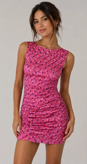Urban Outfitters Pink Floral Ruched Bodycon Mini Dress L Cottagecore thumbnail 1