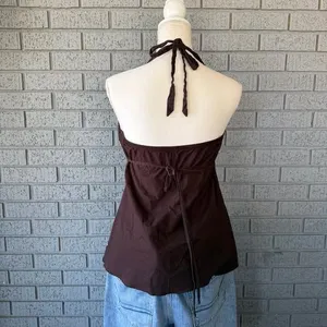 Heart soul Y2K Halter Top Tank Top Brown Blue Embroidered Size XL thumbnail 8