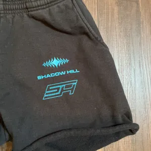 Shadow Hill Graphic Fleece Sweat Shorts Black Teal Blue Raw Hem Small Streetwear thumbnail 2