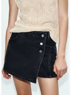 Zara Black Denim Wrap-Style Mini Skirt thumbnail 2