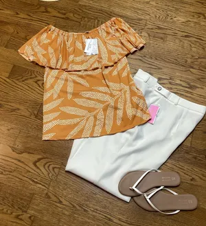 LulaRoe Alana ruffle flounce top. Mustard Gold Cream Palm design Large thumbnail 1