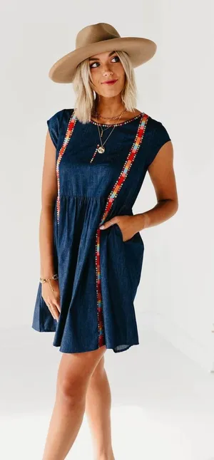Savanna Jane The Alyssa Embroidered Dress - Denim. Size Small thumbnail 1