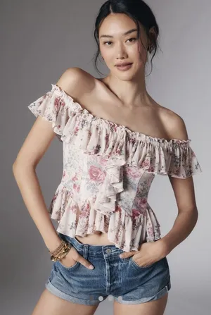 Anthropologie floral off-the-shoulder ruffled mesh top in ivory. thumbnail 1