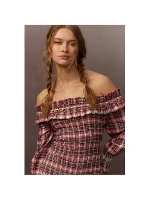 Anthropologie Pilcro Smocked Plaid Off-Shoulder Ruffle Mini Dress M Red White thumbnail 7