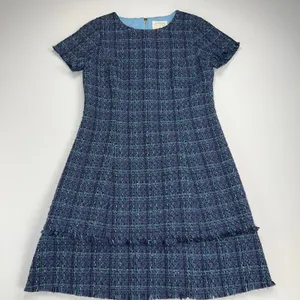 Sail to Sable Tweed Short Sleeve Shift Dress Tiered Hem Navy Blue/Green Size 6 thumbnail 8