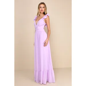 NWT Lulus Soiree Celebration Lilac Ruffled Lace-Up Maxi Dress Wedding Bride Sz S thumbnail 5