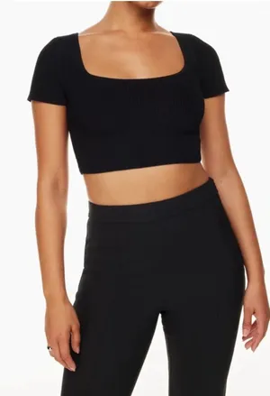 Aritzia‎ Babaton sculpt knit rib short sleeve square neck crop top sz m black thumbnail 1