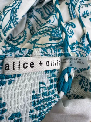 Alice + Olivia Khira Embroidered Mini Dress Bow Back Ivory Turquoise Size 8 Flaw thumbnail 11