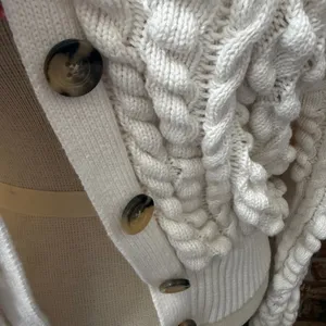 Ann Taylor Weekend Cardigan Chunky Knit Sweater Medium Soft White Cotton thumbnail 2