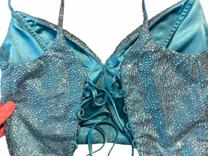 Rhinestone Bustier Corset Top Teal Blue Embellished Bralette Rave Festival Glam thumbnail 7