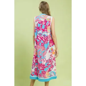 Umgee Floral Sleeveless Midi Dress with Side Pockets - Blue - Small thumbnail 5