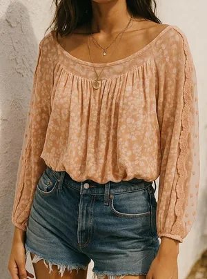 Gimmick BKE sz L Womens Pink Sheer Puff Sleeve Lace Keyhole Back Blouse Top Boho thumbnail 1