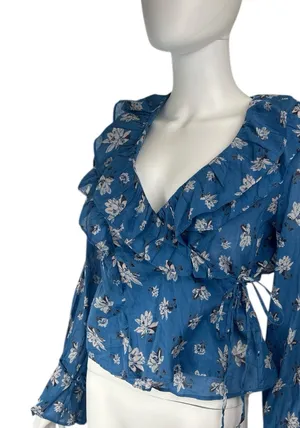 Free People Amanda Ruffle Detail Wrap-Style Blouse in‎ Blue Floral XS thumbnail 1