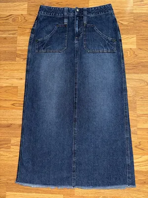Cato Long Denim Skirt Women’s Size 6 Dark Wash Distressed Raw Hem Fringe Slit thumbnail 1