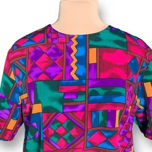 Vintage Hill & Archer Shirt Geometric Multicolor Purple Blue Crinkle‎ Fabric thumbnail 3