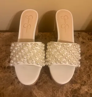 Jessica Simpson Pearl-Embellished White Platform Slide Mules thumbnail 1