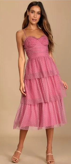 Lulus Sweetheart Style Mauve Polka Dot Bustier Tiered Midi Dress Size Small NWT thumbnail 1