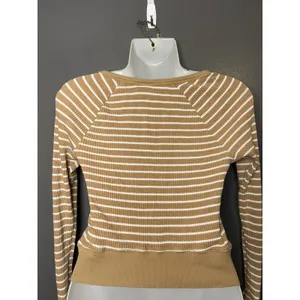 OFFLINE By Aerie Sweater Womens Small Beige Striped Waffle Knit Boat Neck Soft thumbnail 6