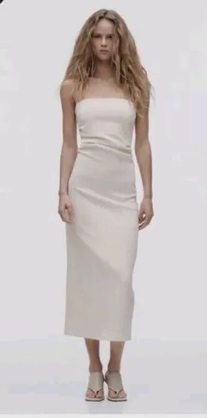 ZARA Woman Oyster White Strapless Midi Dress Sleek Minimalist Chic Size Small thumbnail 8