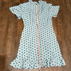 Blue and Black Ruffle Trim Wrap Detail Polka Dot Dress Medium thumbnail 5