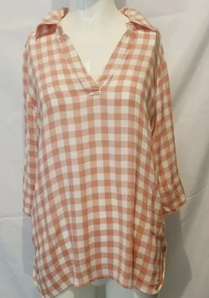 Soft Surroundings Orange White‎ Gingham Tunic Top V-Neck 3/4 Sleeve Rayon 3BA17 thumbnail 1