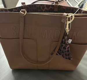Steve Madden Cognac Brown‎ Pebbled Tote Bag Leopard Print Lining Embossed Logo thumbnail 1