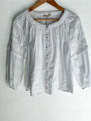Faherty Enna White Cotton Lave Pintuck Top XS Cottagecore Prairie Peasant Blouse thumbnail 3