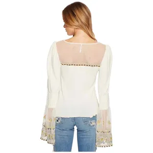 Free People Small Top Ivory Embroidered Bell Sleeve‎ Flared Boho Dramatic 696 thumbnail 2